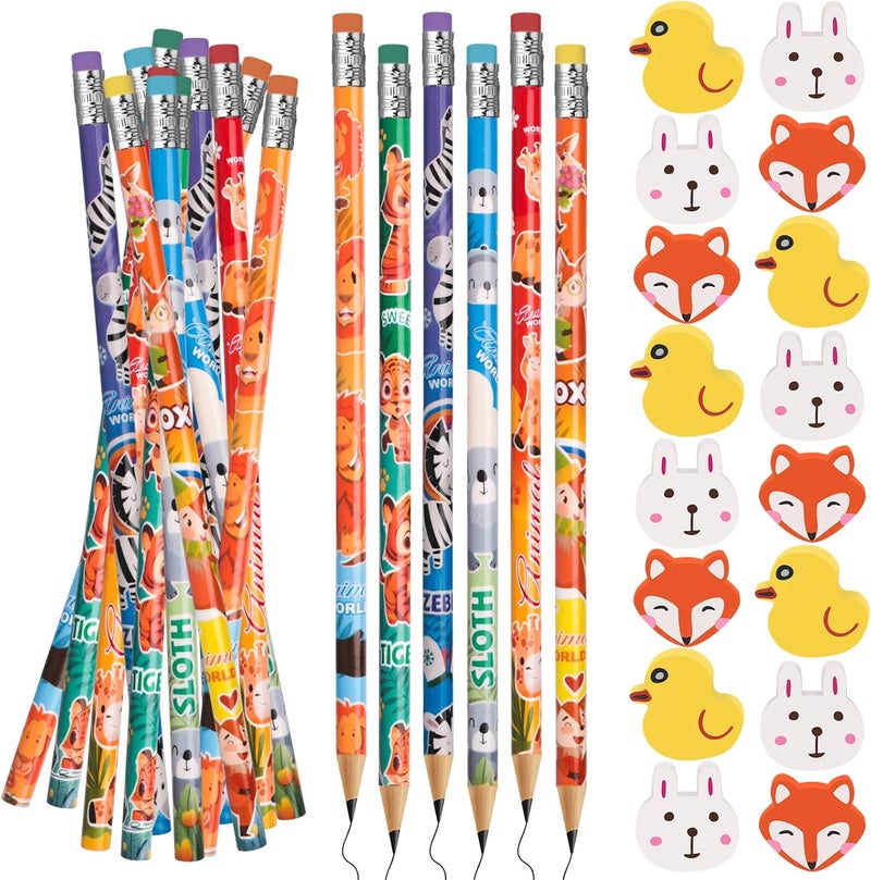 InkShine Jungle Safari Party Favors Animal Pencils and Erasers 72Pcs Cute Cartoon Themed Wooden Pencils and Erasers for Birthday Parties Favors Stationery Party Reward Supplies Christmas Gift(Animal) - Image 1